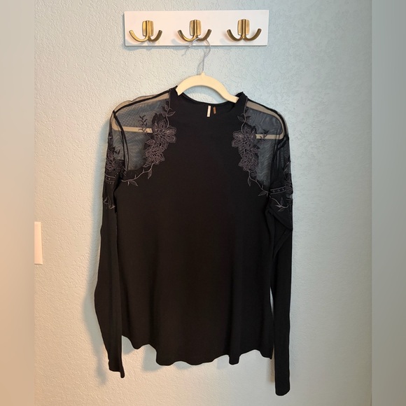 Free People Tops - Free People Black Embroidered Sheer Mesh Top Long Sleeve Boho